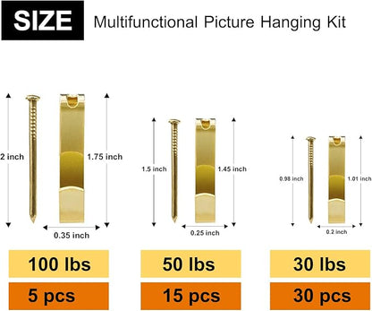 50pcs Picture Hangers with Different Sizes, Heavy Duty 30-100lbs Picture Hanging Hooks with Nails, Wall Hangers,Picture Hooks,Professional Plaster Picture Hanging Kit for Wooden Wall or Drywall