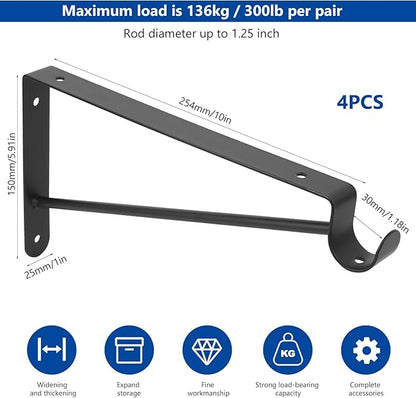 Shelf and Rod Brackets, 4 Pcs Closet Shelf & Rod Brackets Wall Mounted, Heavy Duty Closet Shelf Closet Bracket with Rods Holder, Closet Shelves Supports with Screws, Black