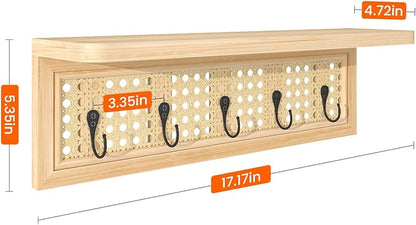 Homode Coat Rack Wall Mount with Shelf, Boho Rattan Entryway Wall Shelf with Hooks, Natural Wood Floating Shelves with 5 Pegs, Hanging Coat Hooks Hat Hanger for Nursery Bedroom Living Room Kitchen