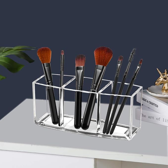Acrylic Makeup Brush Organizer Holder Clear Cosmetic Brushes Storage with 3 Slots