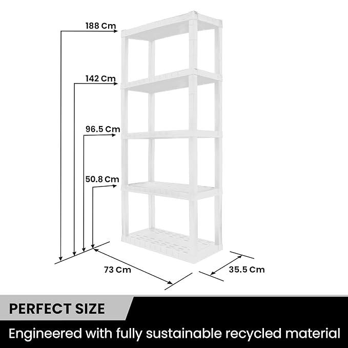 Oskar Heavy Duty Plastic Storage Shelves- for Garage, Kitchen, Bathroom Basement, Kids Room, Stackable 5-Tier White Organizer Rack for Books Shoes, Toys, Pantry, Cleaning and Closet Organization