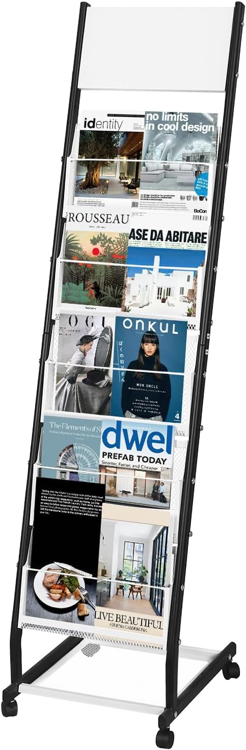 Floor Standing Magazine Holder with 5 Pockets, Journals, Brochure & Literature Display Holder for Trade Shows, Exhibitions, Office, and Shopping Malls, Black