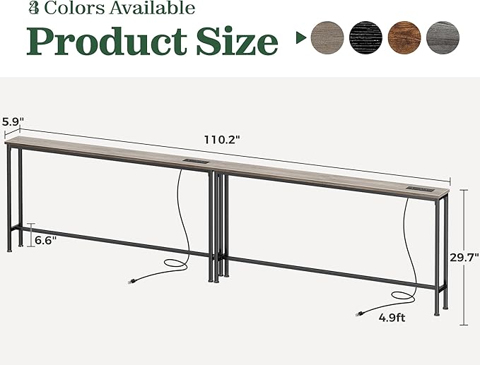 SUPERJARE 110.2 Inch Sofa Table with Power Outlets and USB-C Ports, 5.9 Inch Narrow Console Tables, Entryway Hallway Couch Tables with Storage, Behind Sofa, Small Spaces, Living Room, Oak