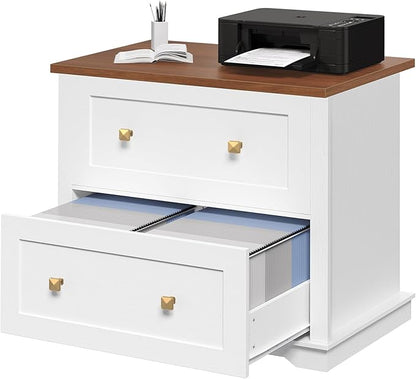 2 Drawers Lateral File Cabinet, Farmhouse Wooden Filing Cabinet, Printer Stand for Home Office, Office Storage Cabinet for A4/Letter-Size Hanging Files,White and Walnut FCBA8001