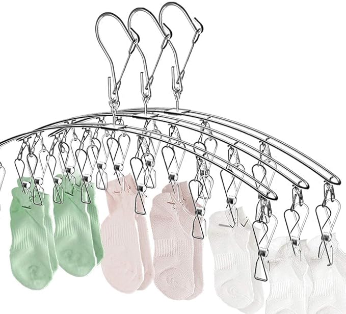 Suwimut 10 Pack Laundry Drying Rack Clothes Hanger with 10 Clips, Stainless Steel Clothes Drying Rack Sock Hangers Windproof Clip and Drip Hanger for Drying Socks, Bras, Towel, Underwear, Diapers