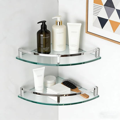 Bathroom Shelves, Glass Shelf Wall Mounted Glass Corner Shower Shelf for Bathroom with 304 Stainless Steel Rail (2 Packs)