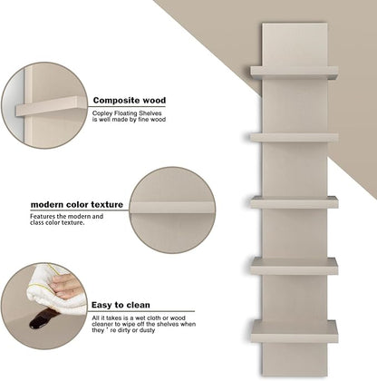 5 Tier Wall Shelves Mourning Gray, Vertical Column Shelf Floating Storage Home Decor Organizer Tall Tower Design Utility Shelving Bedroom Living Room