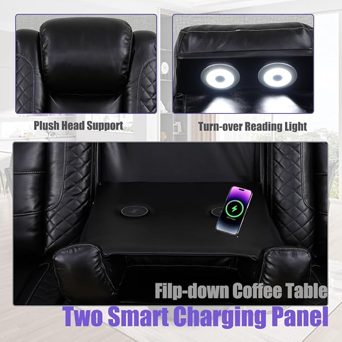 Power Recliner Sectional Sofa, L-Shape Living Room Furniture Set, Black Breathing Leather Sofa and 2 Chairs, Reclining Sectional Couch with LED/Storage/Cup Holder/Type C USB for Office/House