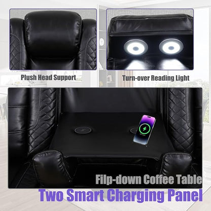 Leather Living Room Furniture Set, Black Power Recliner Sectional Sofa Set with LED, Power Recliner Sofa Couch and 3-Seated Couch Sets with Storage Console/Breathing Leather forHome/Office
