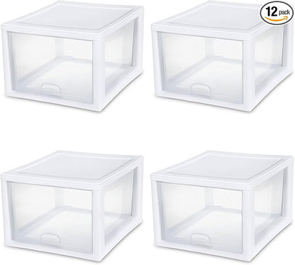 Sterilite 12-Pack 27 Quart Stacking Drawer, Clear Storage Closet Organizer, White Frame - Stackable Modular Plastic Drawers for Clothes, Accessories, Craft Supplies, Shoes or Linens