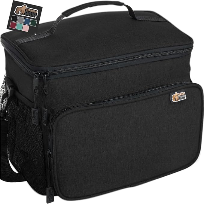 GORILLA GRIP Insulated Lunch Box Bag for Women Men,15L, Leakproof XL Reusable Soft Cooler Bags, Multiple Compartments, Mesh Pockets and Adjustable Strap, Food Tote Keeps Drinks Cold, 13x9, Black
