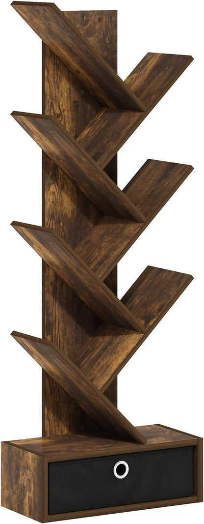 Furinno Tree Book Shelf, 7-Tier Bookshelf, Tree Bookcase with Bin Drawer, 8.4 x 16.9 x 46.2, for Living Room, Bedroom, Home Office, Amber Pine/Black