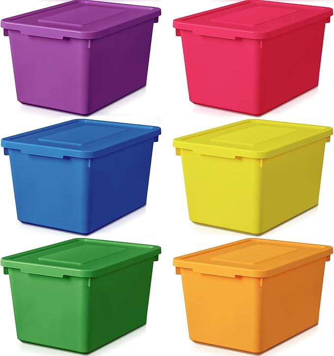 6 Pack Cute Plastic Storage Bins with Lids Decorative Stackable Storage Boxes 9.8" ×7.3" ×5.7" Small Storing Totes for Organizing Craft Office Supplies (Colorful)