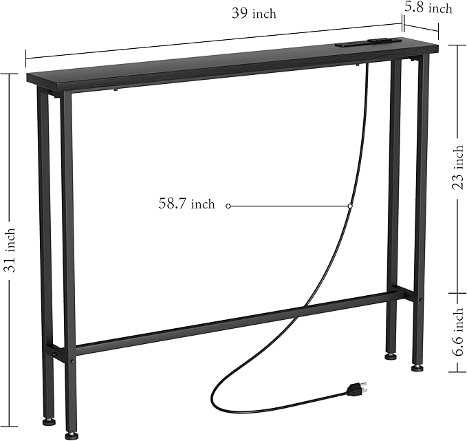 GRLEAF 39" Narrow Console Sofa Table with Built-in Power Strip (2 AC Outlets & 2 USB Ports) – 4.9ft Power Cord, Metal Frame, Easy Assembly, Ideal for Behind Couch, Hallway, and Home Office | Black
