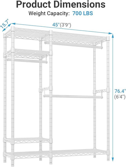 VIPEK V2 Heavy Duty Clothes Rack 4 Tiers Wire Shelving Garment Racks with 3 Hanging Rods Compact Freestanding Closet Metal Closet Rack, Max Load 700LBS, White