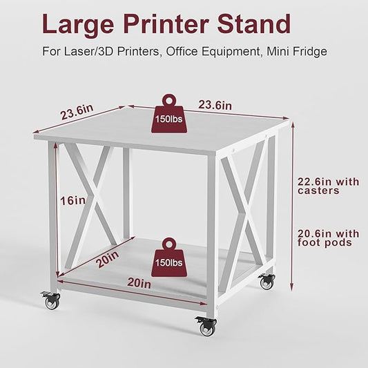 2 Tier White Printer Stand, 23.6 x 23.6 Inches Large Printer Table with Storage Shelf, Rolling Printer Cart with Wheels, Mobile Table for Home Office (White)