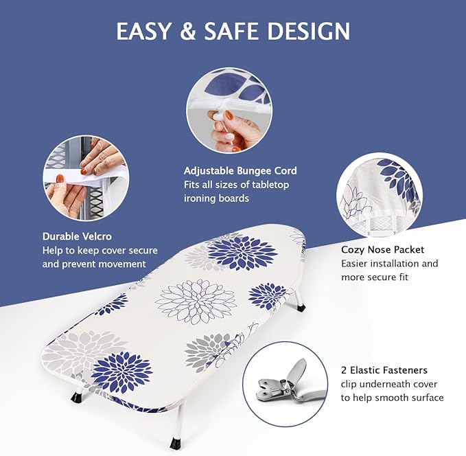 SheeChung 12.5"x32" Small Ironing Board Cover and Pad,Fits Mini Table Top Ironing Board,Extra Thick Padding,Elastic Cord&Fasteners,Heat Resistance(Ironing Board Not Included)