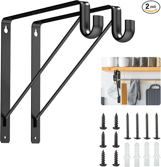 Pisman Closet Rod Bracket Heavy Duty,Shelf Bracket with Rod Holder- Black Closet Rod Support & Closet Shelf and Rod Bracket for Storage, 10 Inch 2pcs