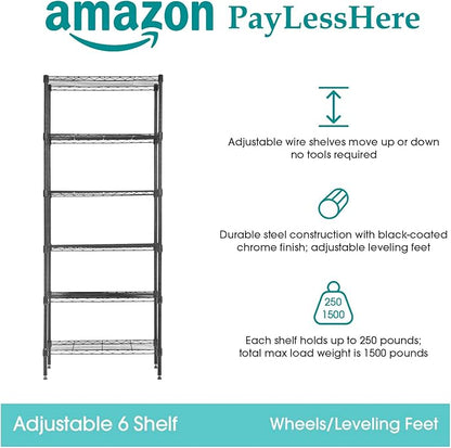 PayLessHere | 6-Tier Wire Shelf | 23"x13"x59" | Black | Adjustable Racks | Heavy-Duty Storage Shelves, Holds Upto 1500 lbs | Rust-Resistant, No-Tool Assembly | for Home, Garage Shelving