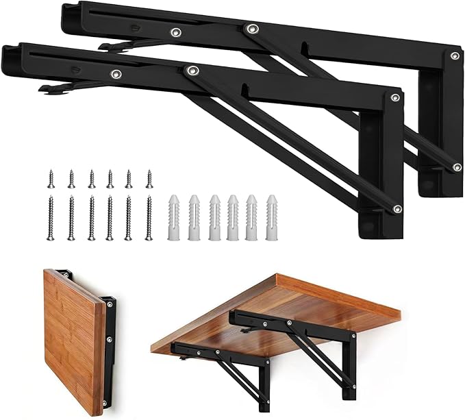 Storystore Folding Shelf Brackets - 18 Inch Heavy Duty Metal Collapsible Shelf Bracket for Bench Table, Shelf Hinge Wall Mounted Space Saving DIY Bracket, Max Load: 150 lb 2 PCS (, Black)