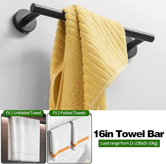 5pcs Bathroom Hardware Set, Matte Black Bathroom Hardware Set, Including 16" Hand Towel Bars, Toilet Paper Holders, Towel Rings, Robe Towel Hooks
