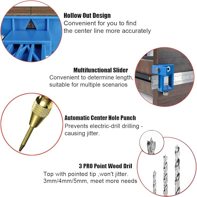 King&Charles Cabinet Hardware Jig, Cabinet Handle Jig + Automatic Hole Punch + Point Drill Bits, Use for Handles Knobs Pulls on Drawers/Doors, Wood Drilling Dowelling Guide Set.
