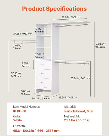 VEVOR Closet System with 3 Drawers, Adjustable Height Wooden Closet Organizers, Modern Walk-in Wardrobe Organization with 3 Retractable Clothes Hanger Rods, Freestanding Garment Rack Storage, White
