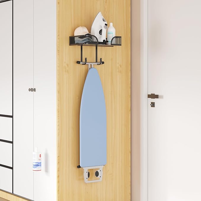 Ironing Board Holder Wall Mount, Metal Ironing Board Hanger, T/V Shaped Space Saving Iron and Iron Holder, Laundry Room Decor and Storage with Large Storage for Laundry/Living Room/Bathroom