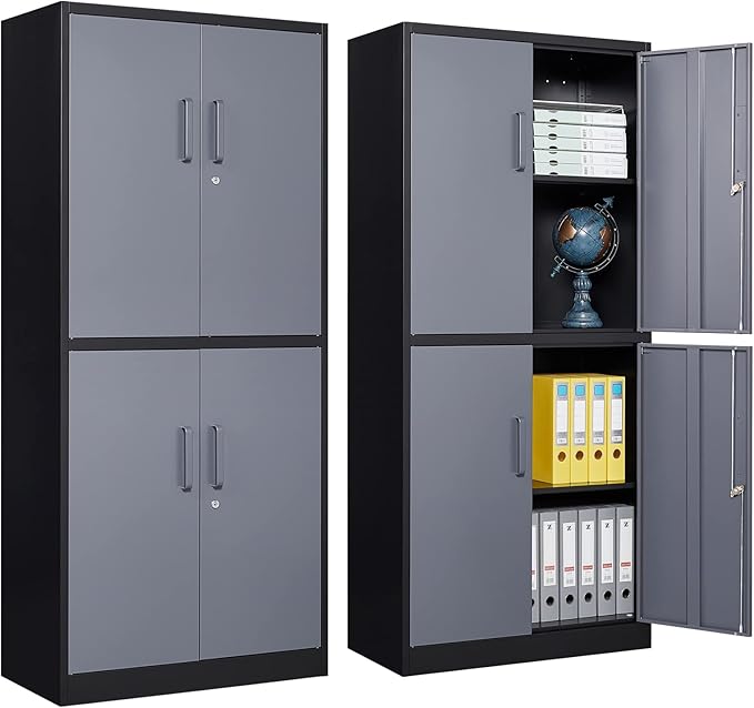 Metal Storage Locking Cabinet, 71" Tall Metal Cabinet with 4 Doors and 2 Adjustable Shelves, Locking Steel Cabinet for Home, School, Office, Gym, Garage Storage (Black Grey)