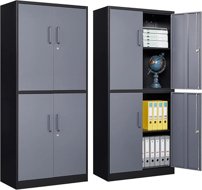 Metal Storage Locking Cabinet, 71" Tall Metal Cabinet with 4 Doors and 2 Adjustable Shelves, Locking Steel Cabinet for Home, School, Office, Gym, Garage Storage (Black Grey)