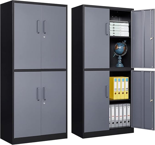 Metal Storage Locking Cabinet, 71" Tall Metal Cabinet with 4 Doors and 2 Adjustable Shelves, Locking Steel Cabinet for Home, School, Office, Gym, Garage Storage (Black Grey)