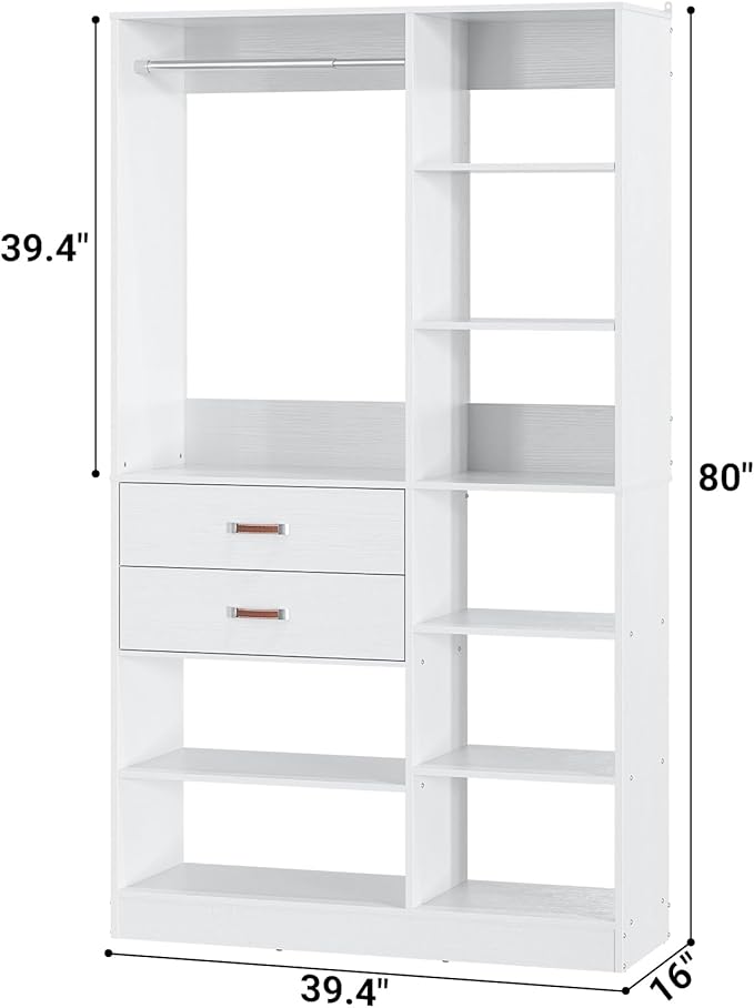 Armocity Freestanding Closet System, 40 Inches Stand-Alone Wardrobe with 10 Shelves, 80'' Height Adjustable Cloth Garment Rack with 2 Wood Drawers, Wood Walk-in Closet with Hanging Rod, White