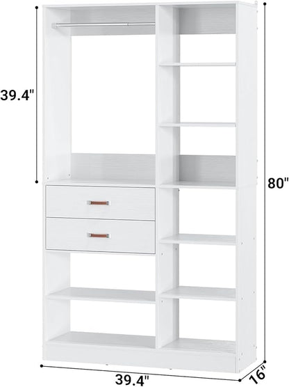 Armocity Freestanding Closet System, 40 Inches Stand-Alone Wardrobe with 10 Shelves, 80'' Height Adjustable Cloth Garment Rack with 2 Wood Drawers, Wood Walk-in Closet with Hanging Rod, White