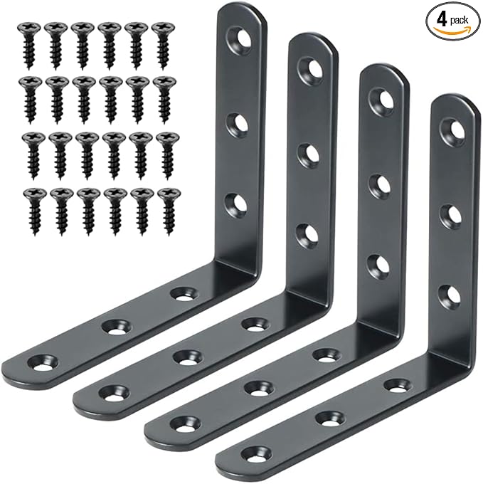Alise 4 PCS L Brackets Heavy Duty Corner Bracket, 4 X4 Inch Black Floating Shelf Brackets for Shelves, Stainless Steel L Shape Wall Mounting Brackets, Metal L Joint Angle Bracket for Wood Shelving