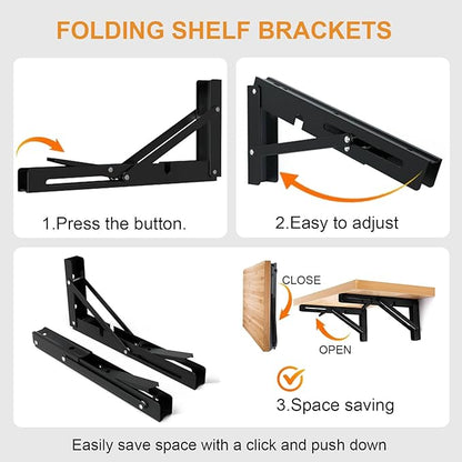 Storystore Folding Shelf Brackets - 14 Inch Heavy Duty Metal Collapsible Shelf Bracket for Bench Table, Shelf Hinge Wall Mounted Space Saving DIY Bracket, Max Load: 150 lb 2 PCS (Black)