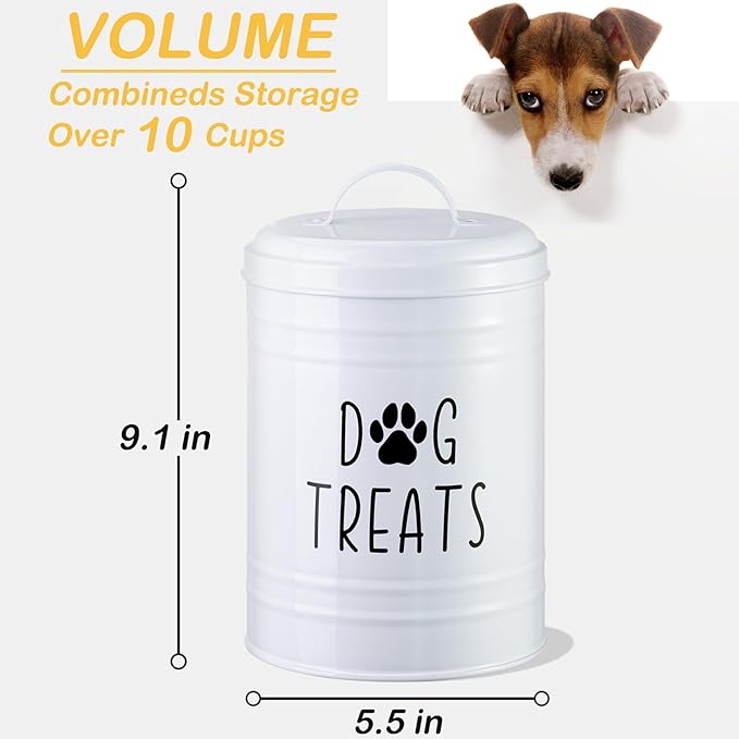 Dog Treat Container Airtight, Dog Treat Jar with Lid - 9x5.5'' Metal Dog Cookie Jar for Farmhouse Kitchen Counter, White Pet Treat Container, Dog Treat Storage Container for Dogs, Cats