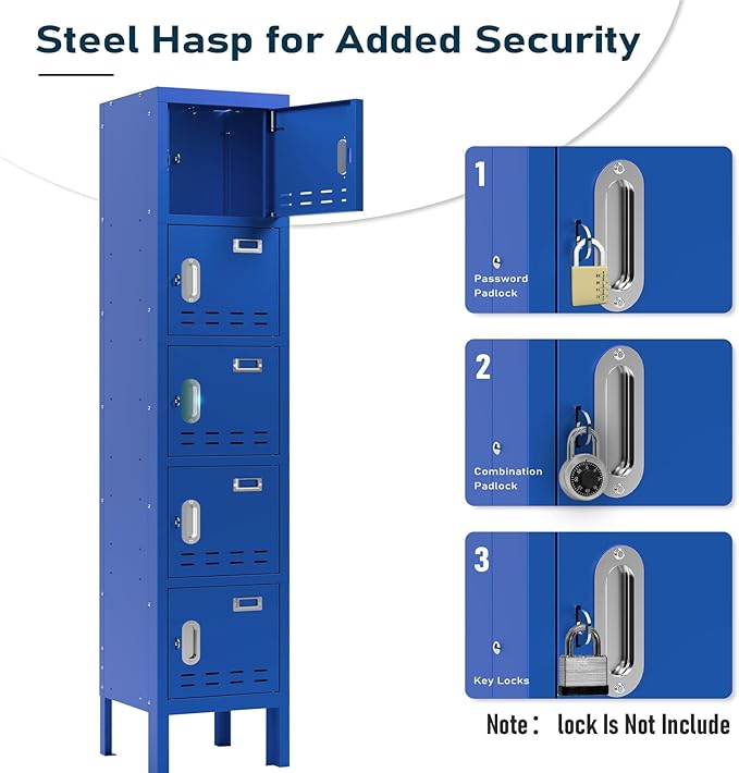 Metal Storage Locker with Lock & Card Slot Locker - Secure Lockable Door - Steel Locker for School, Office, Gym, Home - 66.15" H x 11.8" W x 11.8" D（5 Door, Blue）