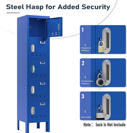 Metal Storage Locker with Lock & Card Slot Locker - Secure Lockable Door - Steel Locker for School, Office, Gym, Home - 66.15" H x 11.8" W x 11.8" D（5 Door, Blue）