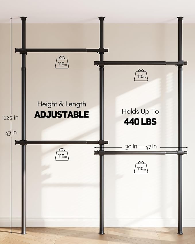 Floor to Ceiling Clothes Rack, Heavy-Duty Telescopic Garment Rack, 43–122in Height & 30–47in Width, 220lbs Total Load Capacity, 4-Pole, Black