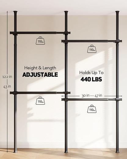 Floor to Ceiling Clothes Rack, Heavy-Duty Telescopic Garment Rack, 43–122in Height & 30–47in Width, 220lbs Total Load Capacity, 4-Pole, Black