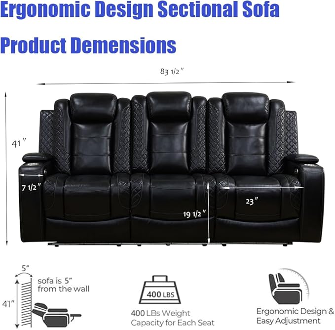 Leather Living Room Furniture Set, Black Power Recliner Sectional Sofa Set with LED, Power Recliner Sofa Couch and 3-Seated Couch Sets with Storage Console/Breathing Leather forHome/Office