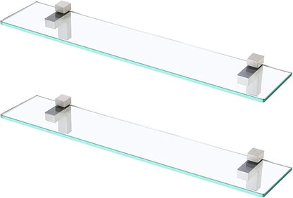 KES Glass Shelves for Bathroom, 24 Inches Bathroom Floating Shelf with Tempered Glass and Brushed Nickel Bracket Wall Mount 2 Pack, BGS3201S60-2-P2