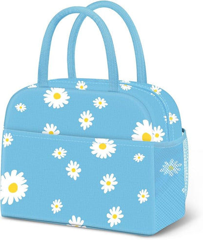 DALINDA Lunch Bag Lunch Box for Women Men Reusable Insulated Lunch Tote Bag,Food Handbags Case High Capacity for Travel Work Picnic,Sky Blue Daisy