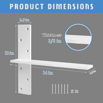 Floating Shelf Bracket 3/8" Thick Heavy Duty Shelf Brackets White 3 Pack Free Hanging Countertop Support Bracket 14" Lx2.5 W Floating Wall Brackets for Cabinets, Dishwasher, Bench Seats Vanities