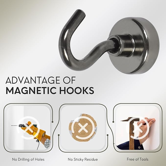 Neosmuk Magnetic Hooks, Heavy Duty 30lb+ Strong Magnet Hook for Cruise Cabins, Cruise Ship Essentials for Hanging, Metal Wall Refrigerator Hangers (Gunmetal, 10 Pack)