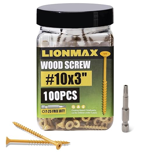 LIONMAX Deck Screws 3 Inch, Wood Screws #10 x 3, 100 PCS, Rust Resistant, Exterior Epoxy Coated, Outdoor Decking Screws, Torx/Star Drive Head Deck Screw, T25 Star Bit Included, Tan