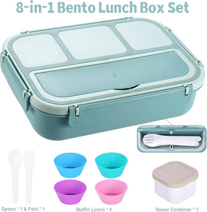 Bento Box Adult Lunch Box, Lunch Containers for Kids Girls Boys with 4 Compartments, Lunchable Food Container with Utensils, Sauce Jar, Muffin Liners, 40 Oz/5 Cup, Light Teal