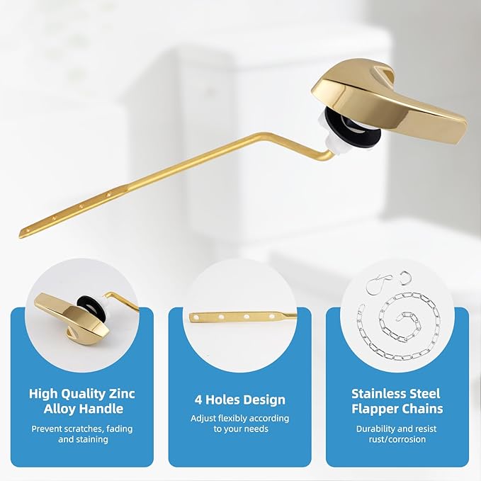 2 Pack Universal Polished Gold Toilet Handle Replacement Kit, Side/Angle Mount Toilet Flush Handle Compatible with Kohler K-GP30324-CP/TOTO/American Standard, Stainless Steel Flapper Chain