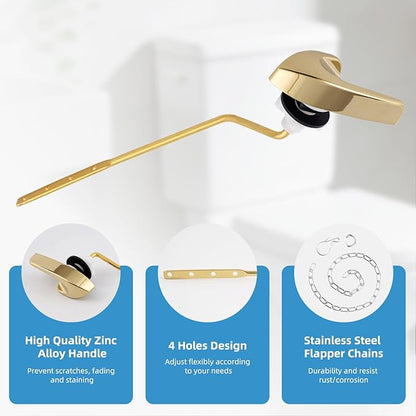 Universal Polished Gold Toilet Handle Replacement Kit, Side/Angle Mount Toilet Flush Handle Compatible with Kohler K-GP30324-CP/TOTO/American Standard, Stainless Steel Flapper Chain