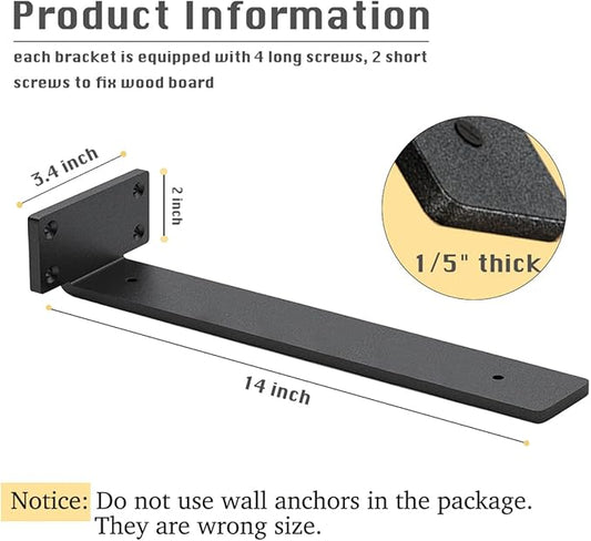 16 Pack Shelf Brackets 14 Inch Floating Shelf Bracket 1/5 inch Thick Heavy Duty Hidden Shelf Brackets Iron Metal Brackets for Shelf Support with Screw Included
